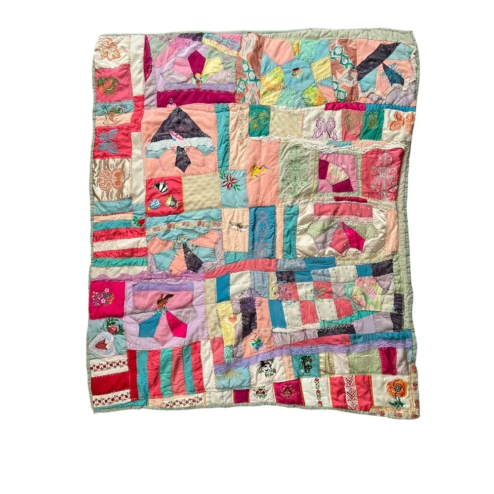 Vintage Handmade Crazy Quilt Embroidered Patchwork Quilt Cottagecore 46x55